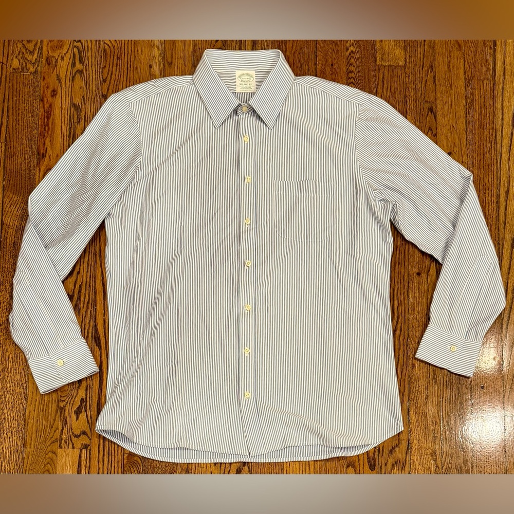 Brooks Brothers Japanese Knit Slim Dress Shirt Blue White Stripe Men’s 16.5-34